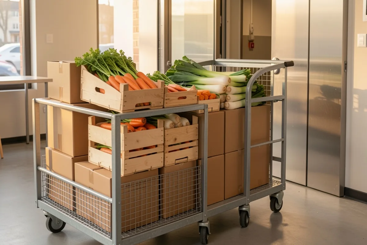 Cagettes de légumes et cartons posés sur un roll de manutention à la livraison