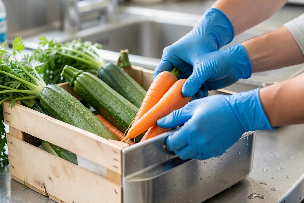 Mains gantées déconditionnant des légumes vers un bac inox en légumerie