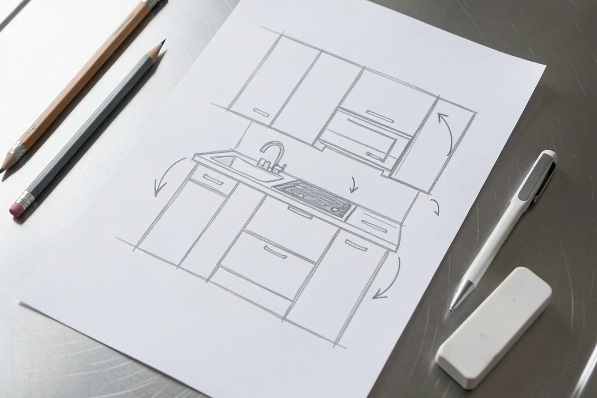 Plan de cuisine dessiné au crayon avec des flèches sur un plan de travail inox