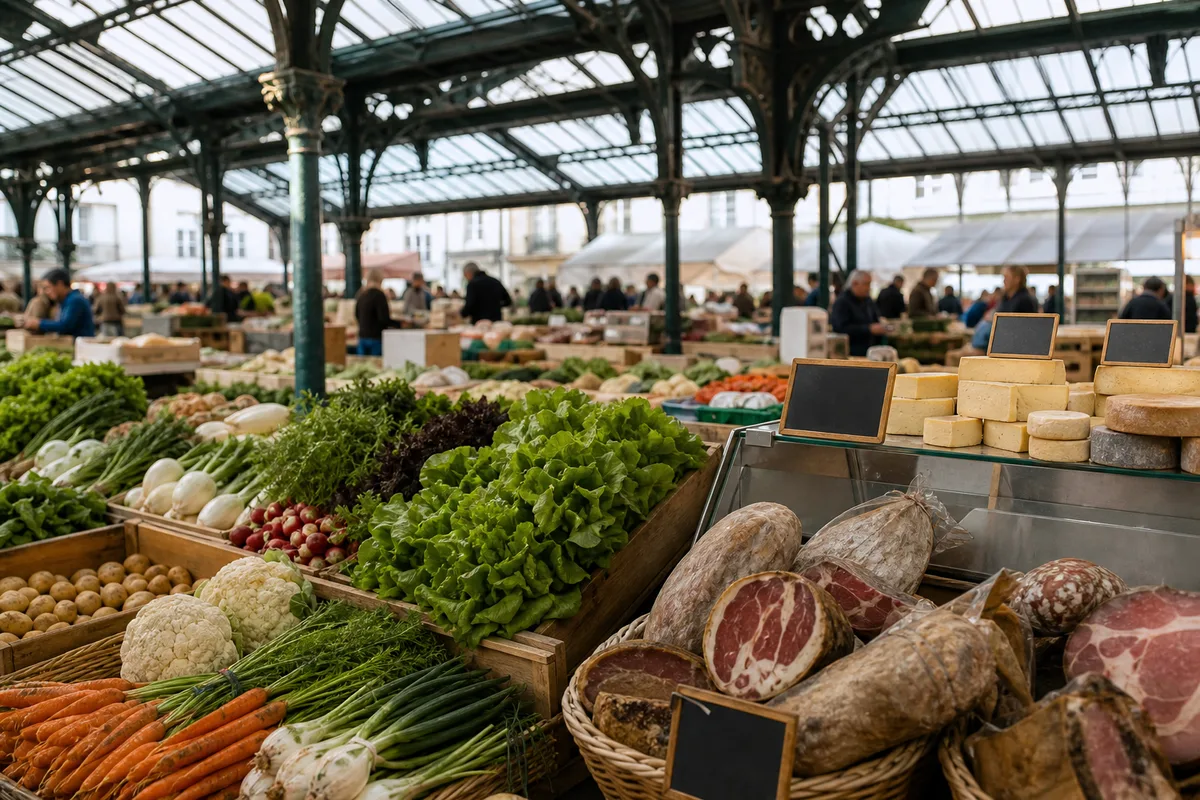 Marché couvert d&rsquo;une ville moyenne française avec étals de produits frais