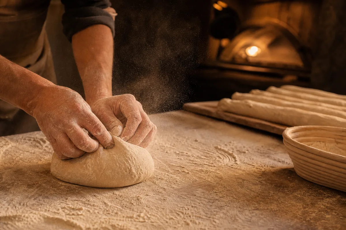 Boulanger façonnant des pâtons dans un fournil artisanal avant l&rsquo;ouverture