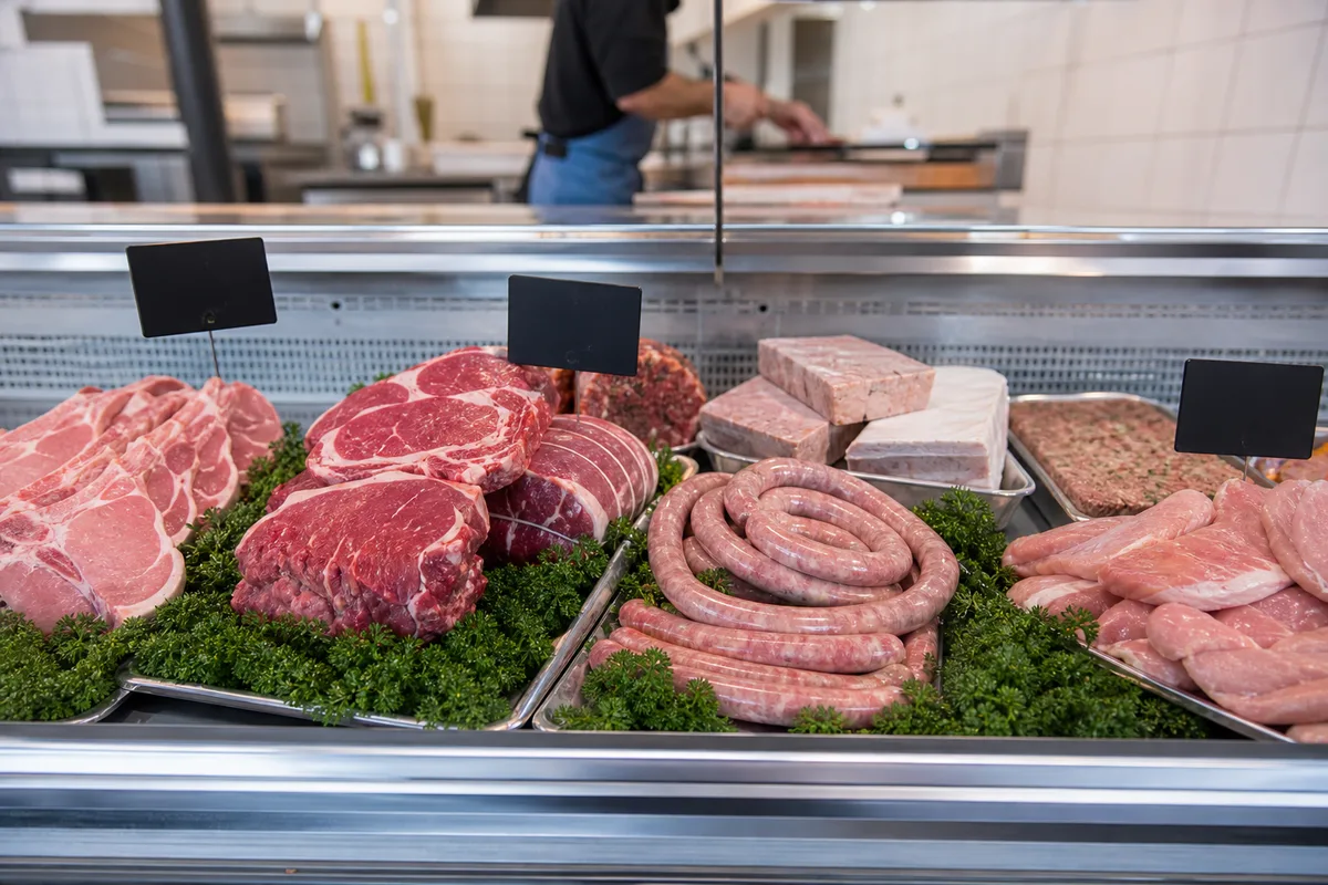 Étal de boucherie artisanale avec pièces de viande et ardoises de prix