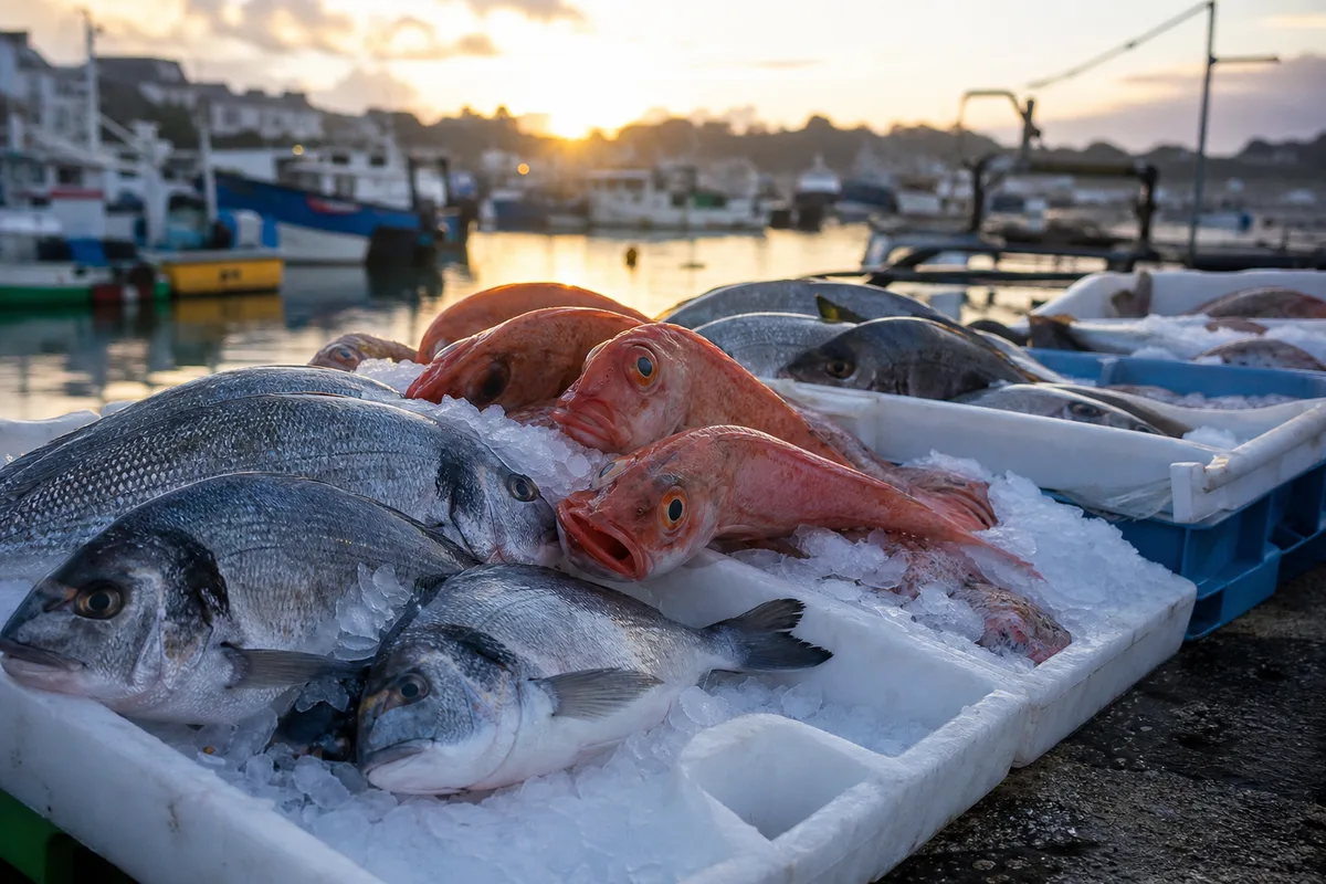 Étal de poissons fraîchement débarqués sur un quai de port breton au petit matin