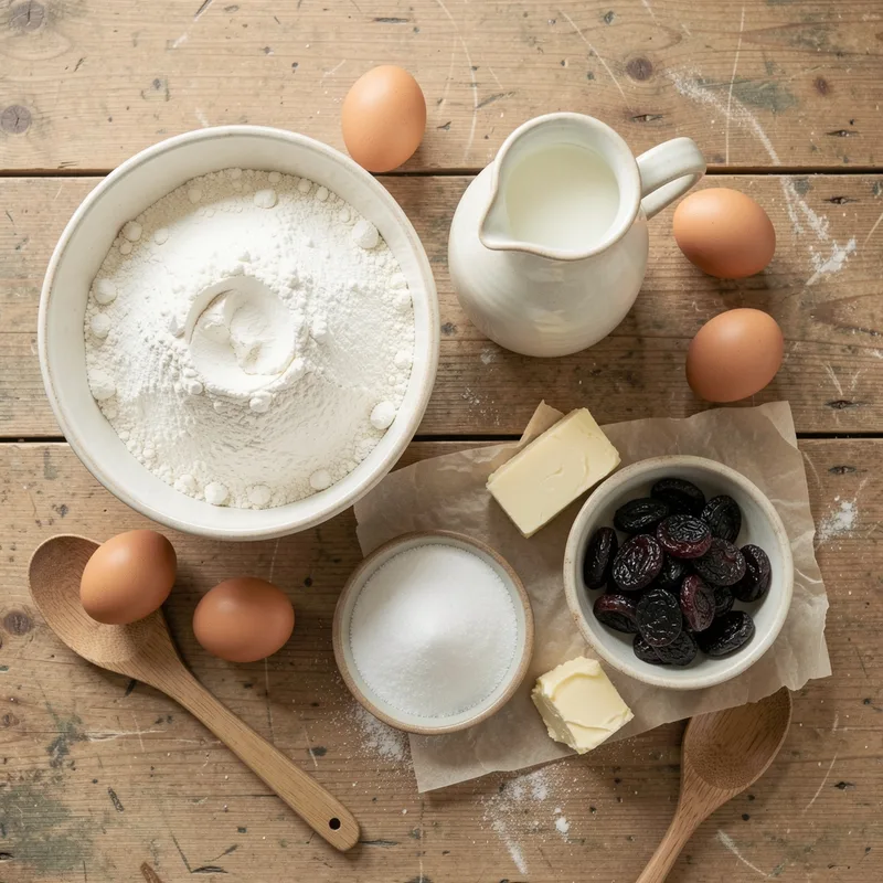 Ingrédients du far breton disposés sur une table en bois : farine, œufs, lait, beurre demi-sel et pruneaux