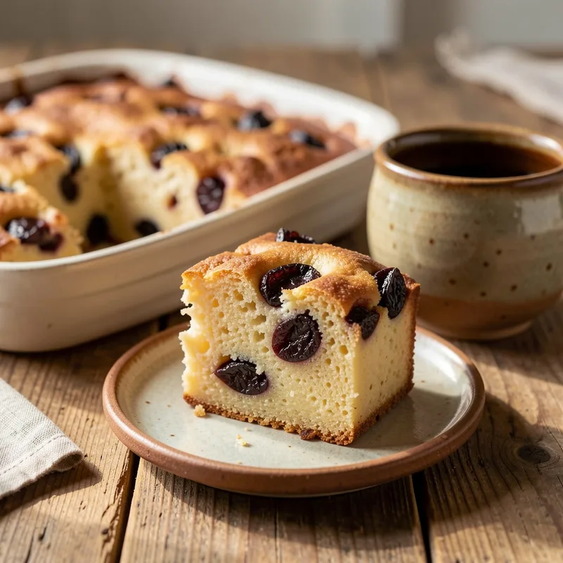 Far breton aux pruneaux entamé dans son plat, avec une part découpée sur une assiette