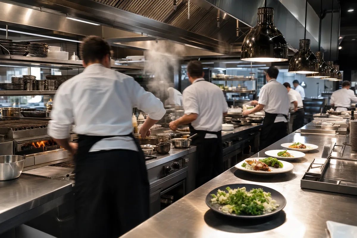 Cuisine professionnelle en plein service, brigade au travail autour du passe