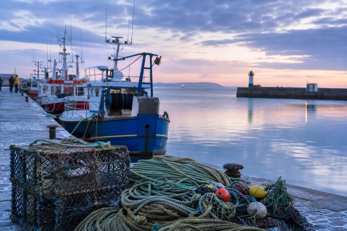 Port de pêche breton au petit matin, casiers et bateaux à quai